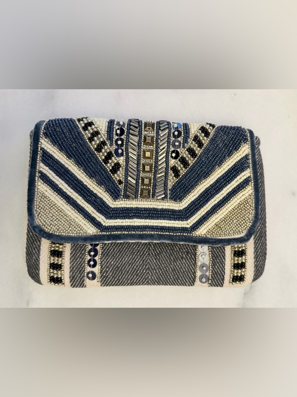 Gretchen Scott Designs Navy and Cream “Walk the Line” Beaded Clutch